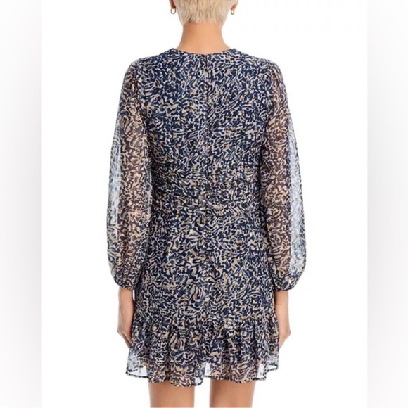 NWT Aqua Cocktail Dress Wrap Plunge Long sleeve Navy and Cream Animal Print - Picture 2 of 8